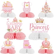 Funmemoir Princess Baby Shower Decorations for Girl - 8PCS Honeycomb Centerpieces, Pink and Gold Little Princess Crown Castle Theme Baby Shower Gender Reveal Table Decorations