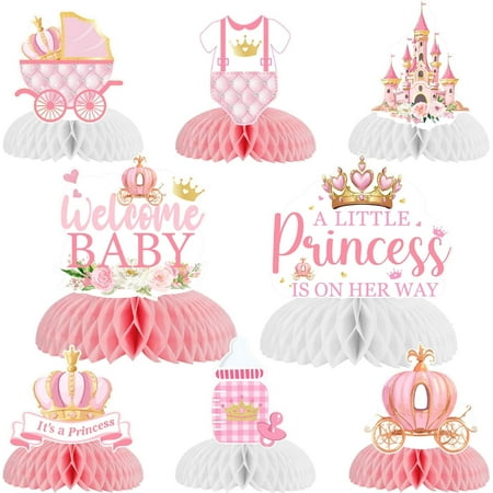 Funmemoir Princess Baby Shower Decorations for Girl - 8PCS Honeycomb Centerpieces, Pink and Gold Little Princess Crown Castle Theme Baby Shower Gender Reveal Table Decorations