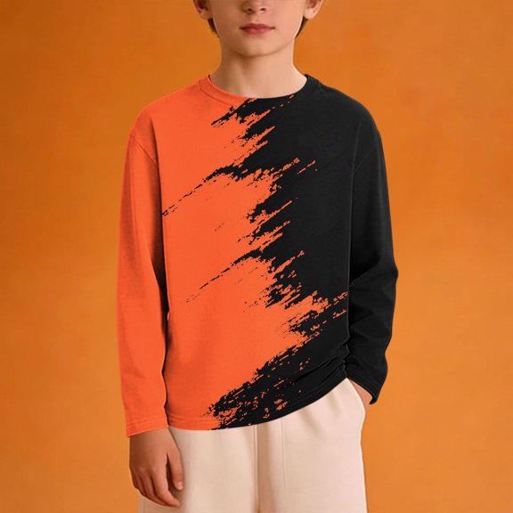 Boys Orange Color Block Long Sleeve Shirt - Graphic Crewneck Top for Kids, Soft Stretch Casual Tee for School & Play Ages 3-14 Years,Size 7-8 T