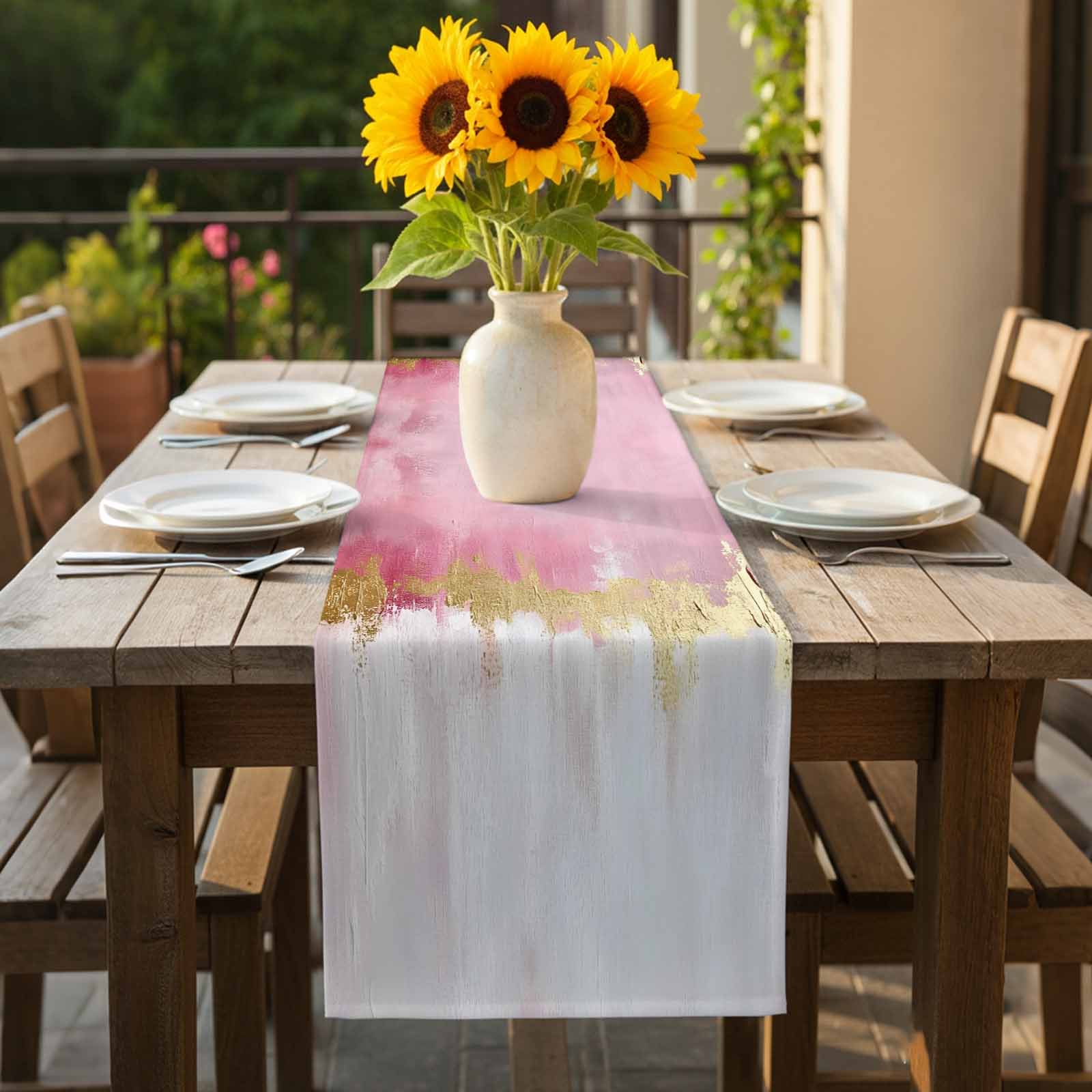 Abstract Street Art Table Runner 13x120 inch Pink Gold Watercolor Decoration Cotton Linen Dining Table Runner Ideal for Dresser Kitchen Coffee Tables - Machine Washable