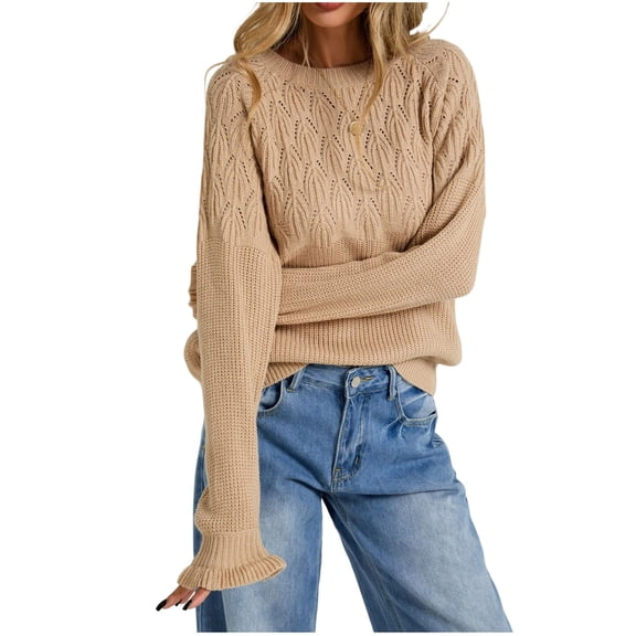 Wenini Women's Solid Round Neck Openwork Knit Sweater Pullover Top Long Sleeve Ruffle Cuff Casual Fall Winter Sweater Top