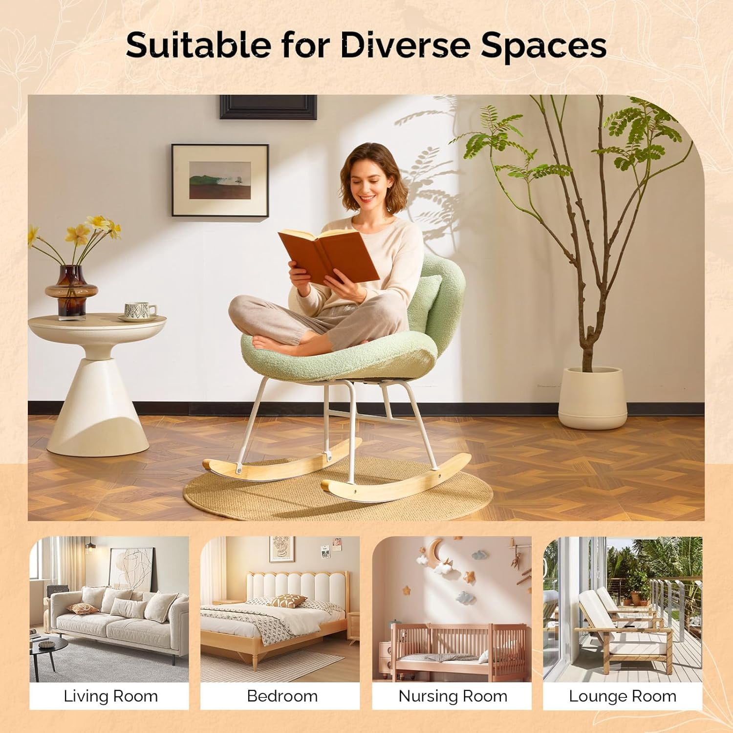 WLTER 25.6" Extra Wide Criss Cross Nursery Rocking Chair,Cute Curved 115° Reclining Armless Glider,Teddy Small Rocker w/Pillow & Solid Wood for Indoor,Bedroom, Living Room,Teddy Fleece,Seafoam Green