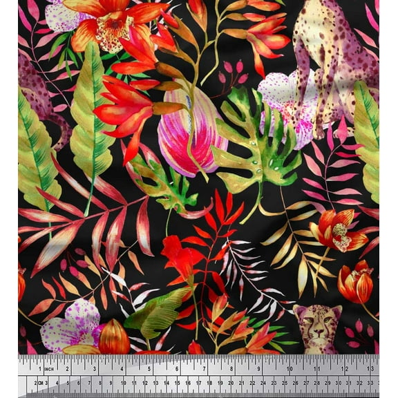 Soimoi Black Cotton Duck Fabric Leaves,Floral & Leopard Jungle Print Fabric by The Yard 42 Inch Wide