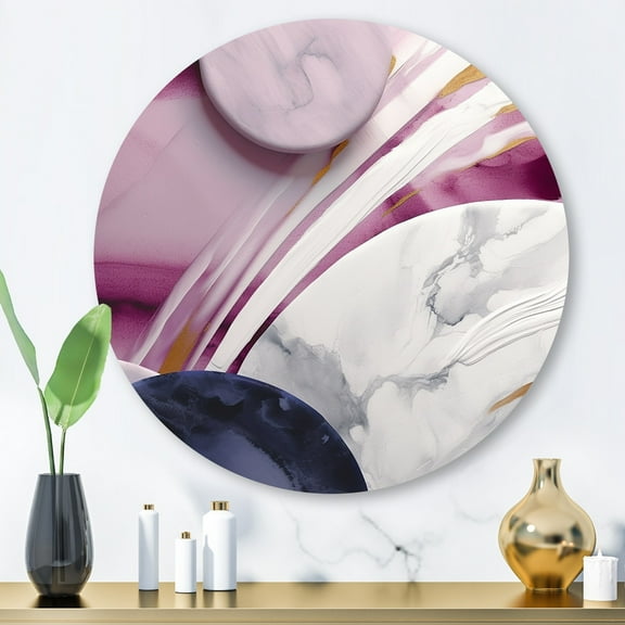 Designart "Ethereal Agate in Pink and White" Abstract Marble Metal Round Art Living Room