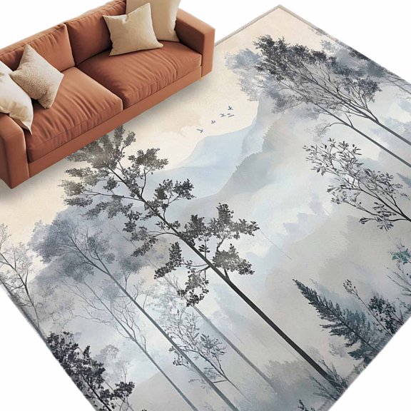 Watercolor Forest AreaRug 2x6ft Vintage Mountain Fog Branches Tree Botanical Non-SlipWashable SquareRugs Soft Felt Indoor Floor Mat for Bedroom Kitchen Living Room Bathroom