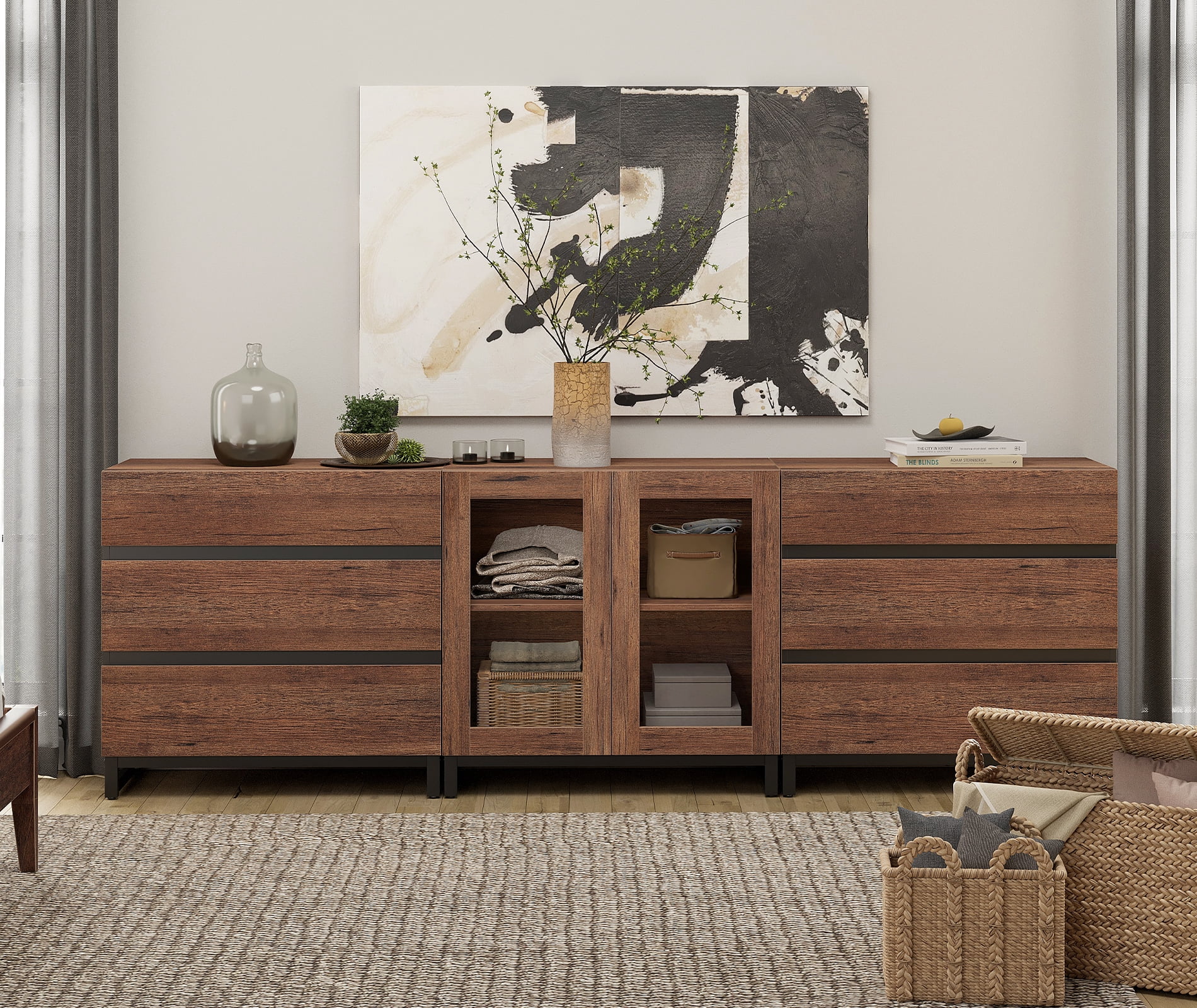 3 In 1 Multifunctional Dresser with Glass Doors & 6 Drawers, Modern Chest of Drawers with Adjustable Shelf and Metal Base, Household Storage Cabinet for Bedroom,Brown