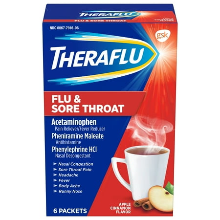 Theraflu Flu & Sore Throat Powder, Apple Cinnamon Flavor, 6 (The Best Over The Counter Cold Sore Medicine)