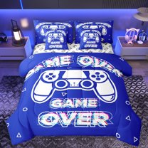 Manfei Video Game Controller Twin Bedding Sets 7-Piece, Blue Cartoon Gamepad Bedding Comforter Set, Teens Kids Girls Boys Reversible Sheet Sets, Microfiber Bedroom Decor