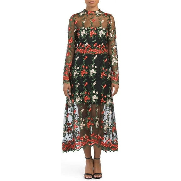 Vone Victorian Neck Floral Embroidered Midi Dress, Black Multi - 8