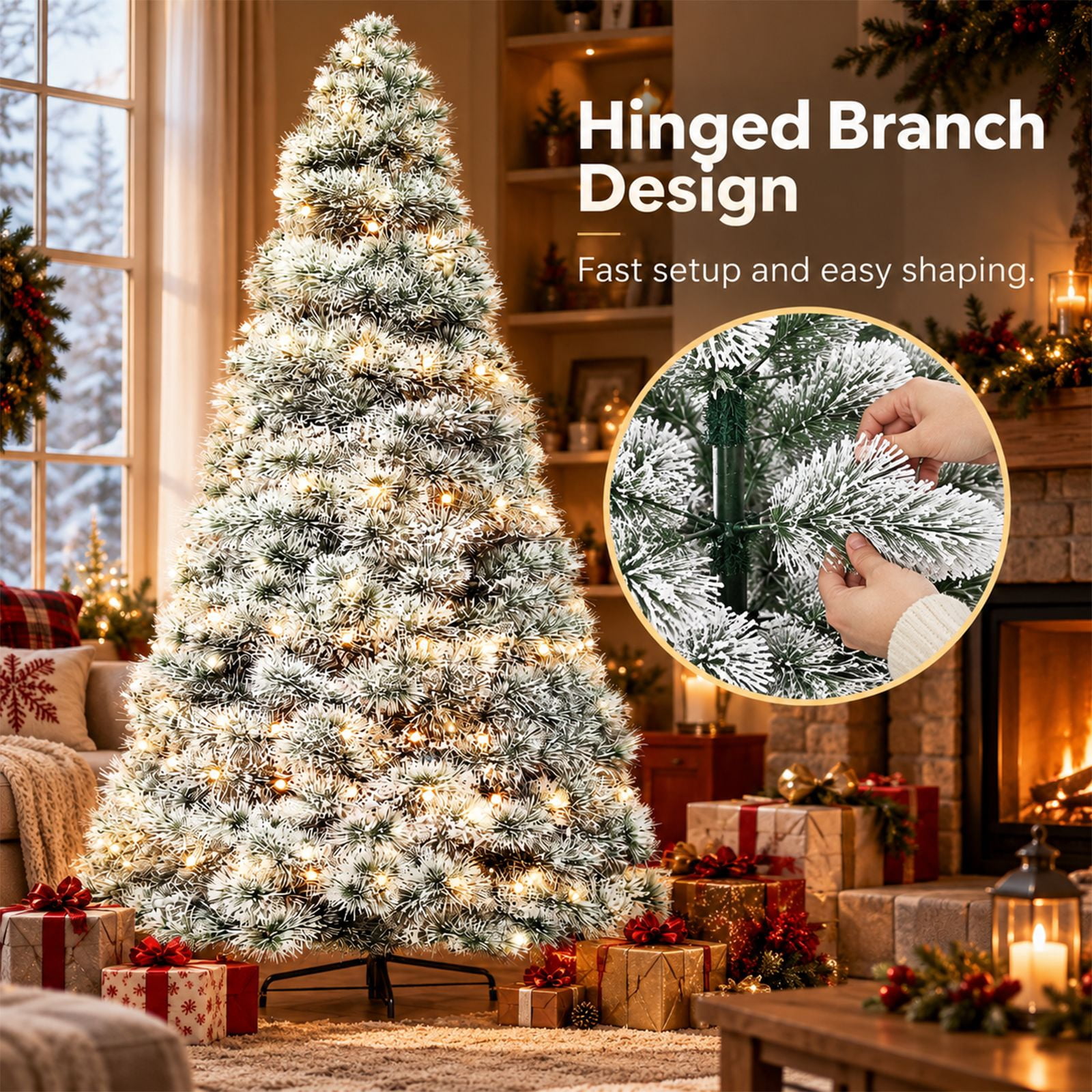 Alvantor Pre-Lit Christmas Tree, Flocking 4.5 FT Hinged Spruce, 120 LED Lights, 347 Tips