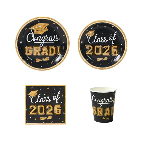 2026 Graduation Party Supplies Tableware Set - Clearance - 4 Pcs Black Gold Graduation Plates and Napkins Class of 2026 Disposable Dinnerware for College High School Congrats Graduation Party favors