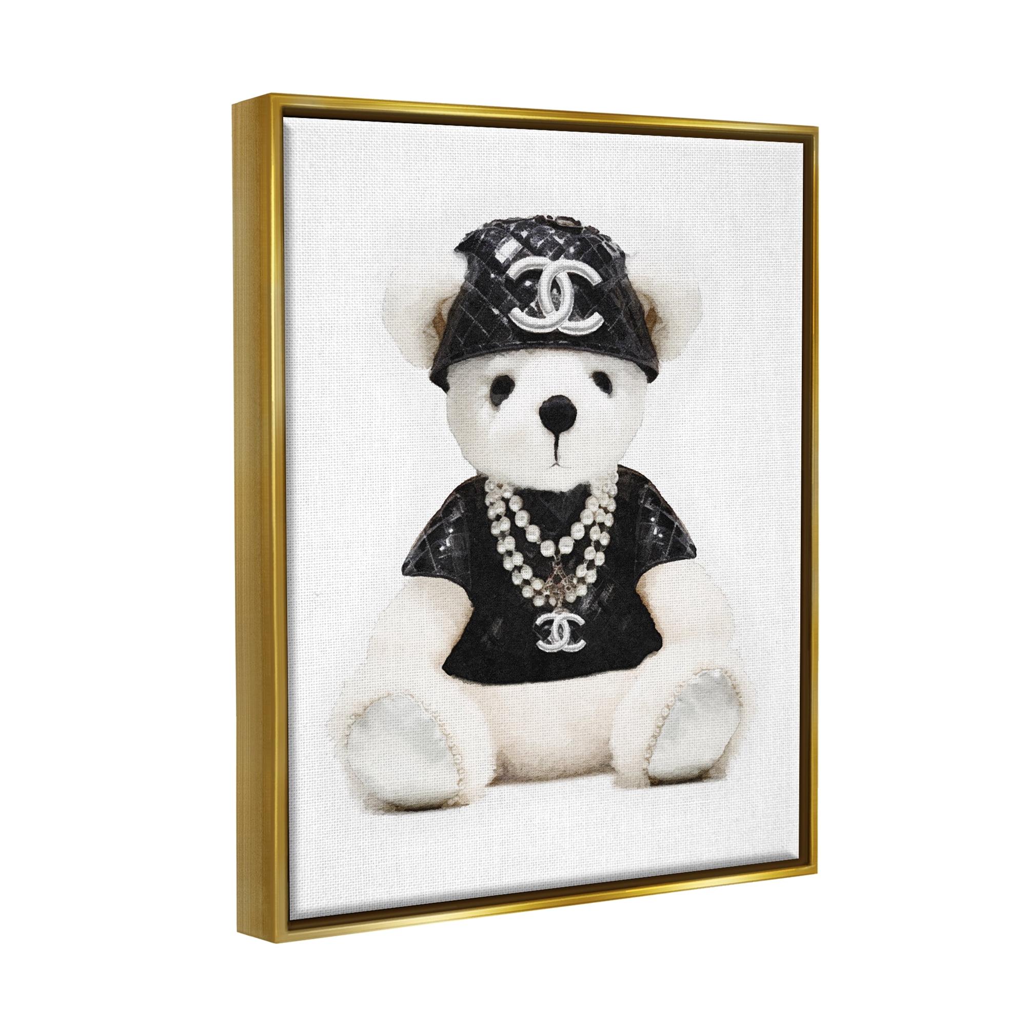 Stupell Industries Fashion Teddy Bear Beauty & Fashion Painting Gold Floater Framed Canvas Art Print Wall Art, 25 x 31