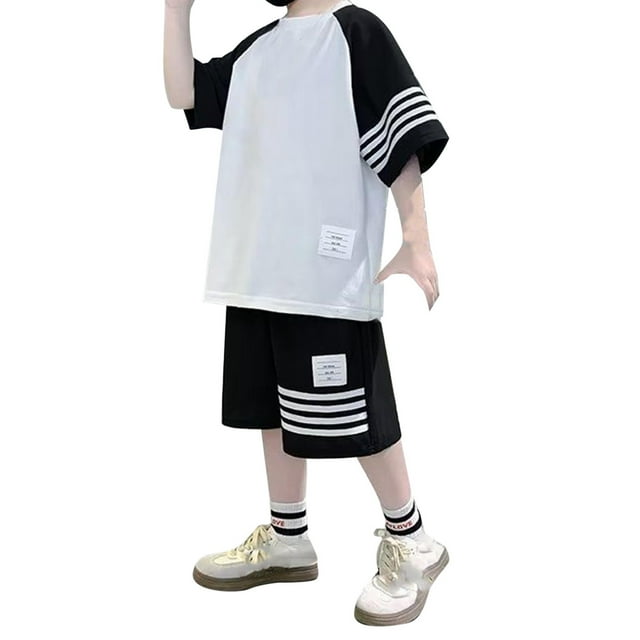 FAOWME Tenues d'Été à Manches Courtes pour Garçons Ensemble 2 Pcs Mode Enfants Noir 11-12 Ans