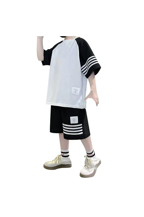 T-Shirt and Shorts Outfit Set Summer Boys' Short Sleeved Two Piece Set New Loose Two Piece Fashion Children's Wear,Sizes 7-8 Years(Black)