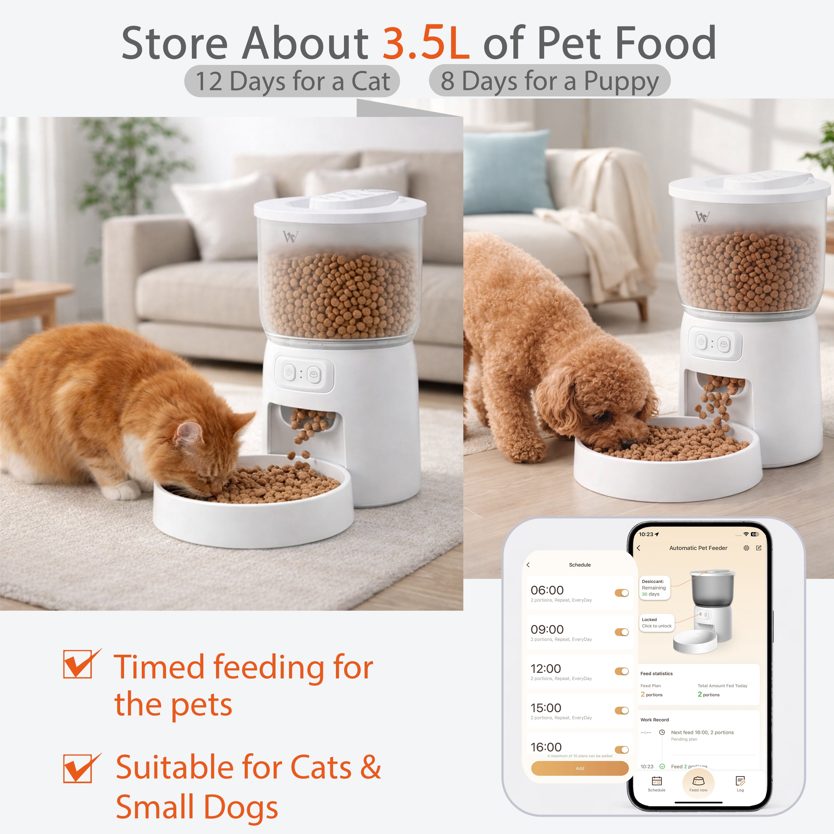 Waithem Wi-Fi Automatic Pet Feeder for Cats&Dogs, Timed Dry Food Dispenser with App Programmable Portion Control, Up to 10 Meals Per Day, Dual Power Supply, 5G/2.4G WLAN, 1 Desiccant Bag Included