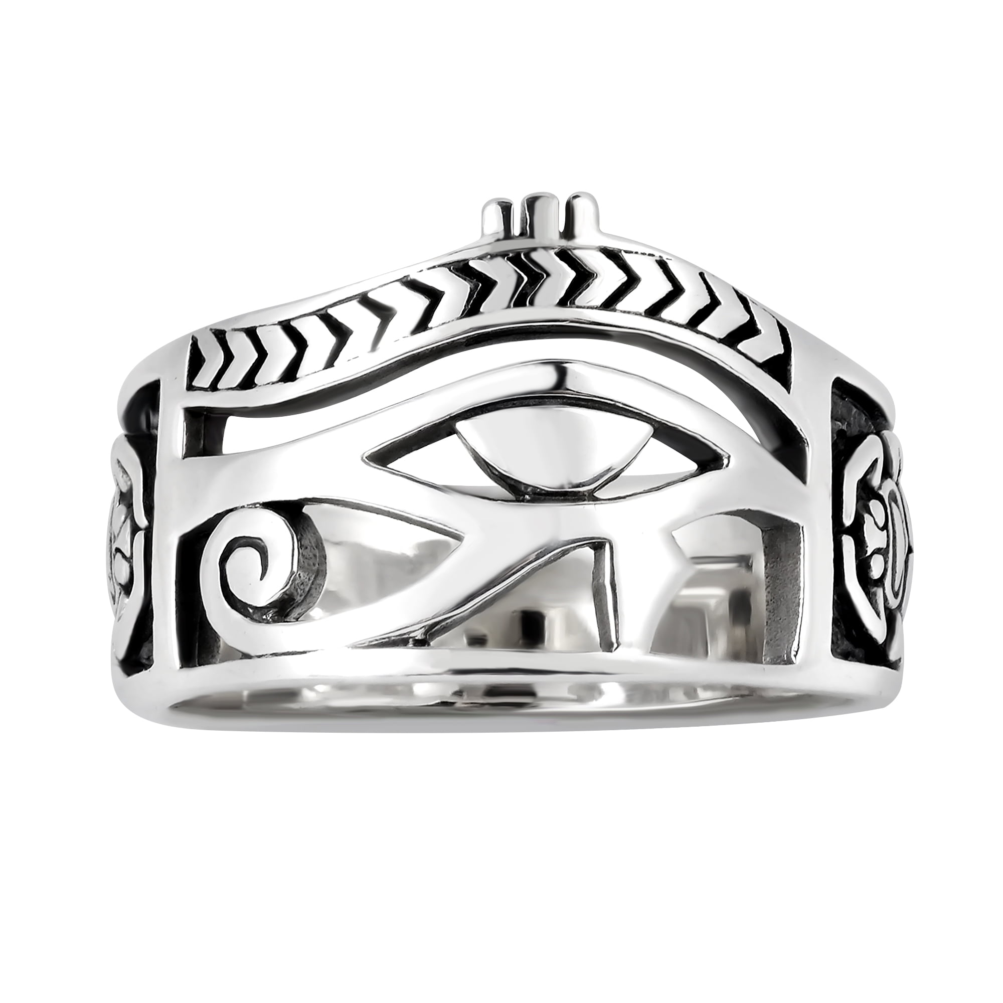 Eye of Horus with Egyptian Ankh Crosses Sterling Silver Unisex Ring