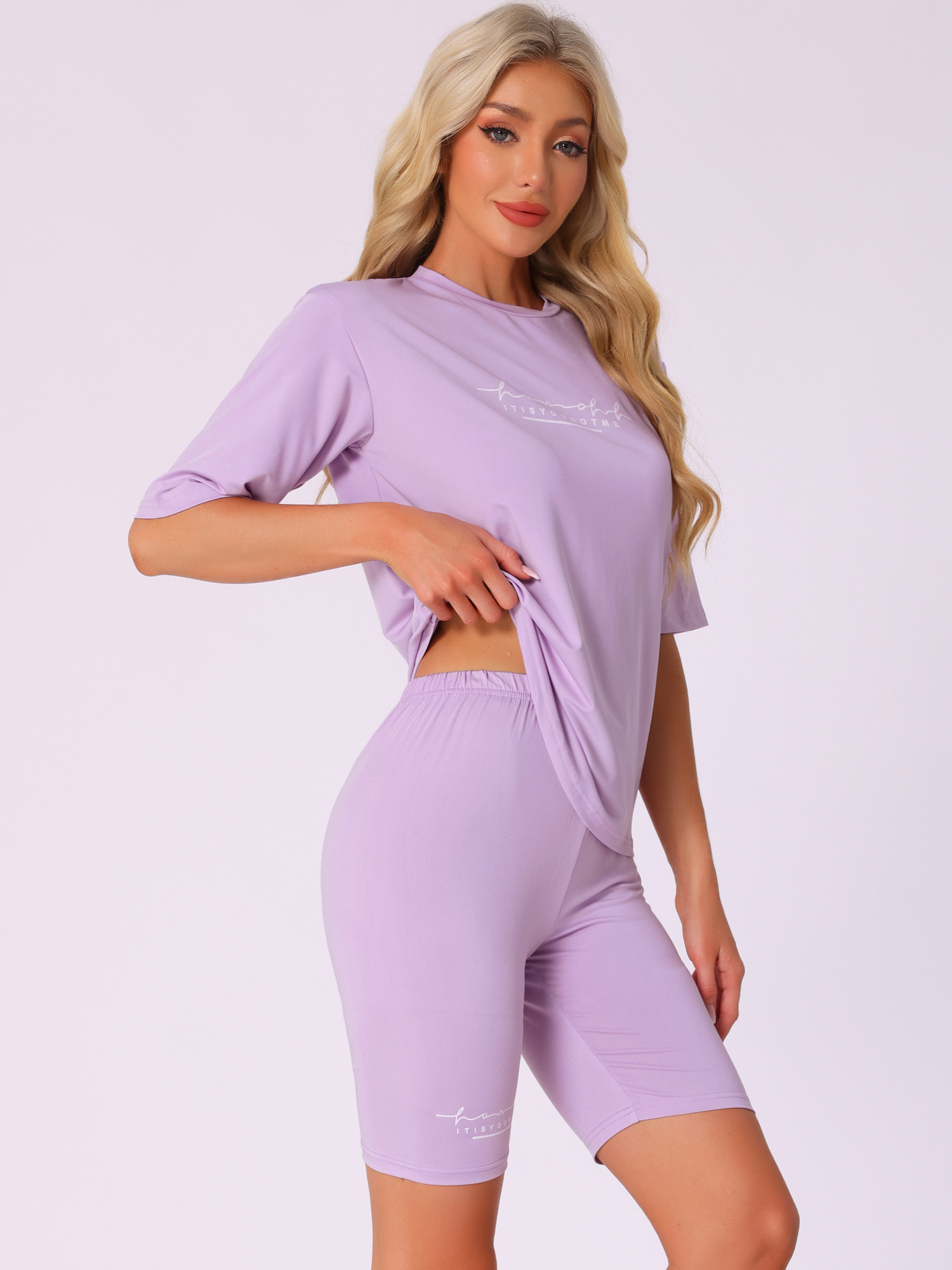 DARING DIVA Womens 2 Pieces Biker Shorts Set Outfits T-Shirt Lounge Wear M Purple