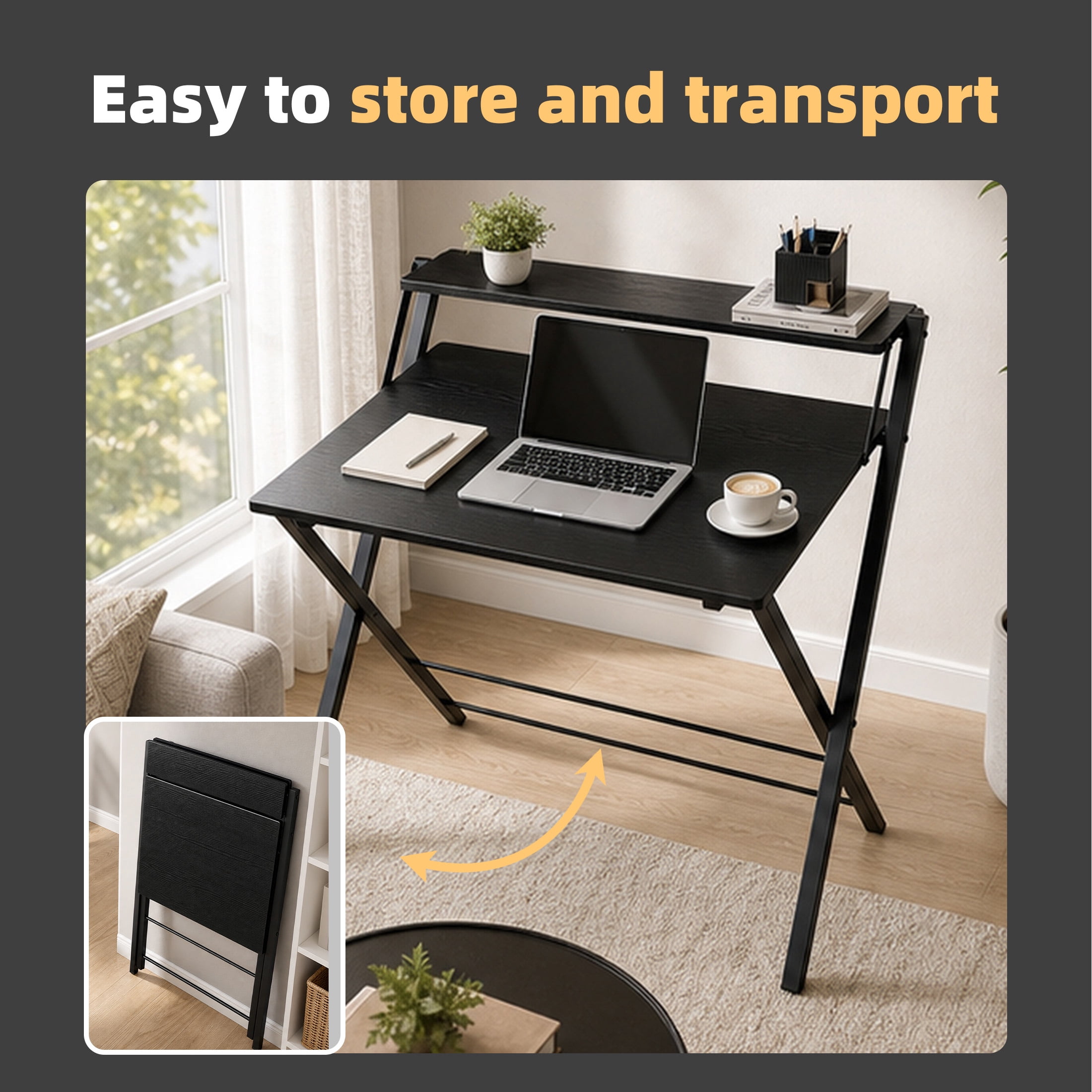 EDX Small Folding Desk with Shelf, No Assembly 2-Tier Compact Computer Table, Portable Study Workspace for Bedroom, Home Office, Black