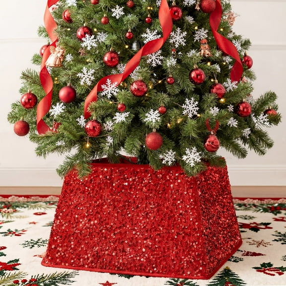 24" Red Sequin Christmas Tree Collar - 4-Piece Set, Sparkling Stand Cover for Festive Decor