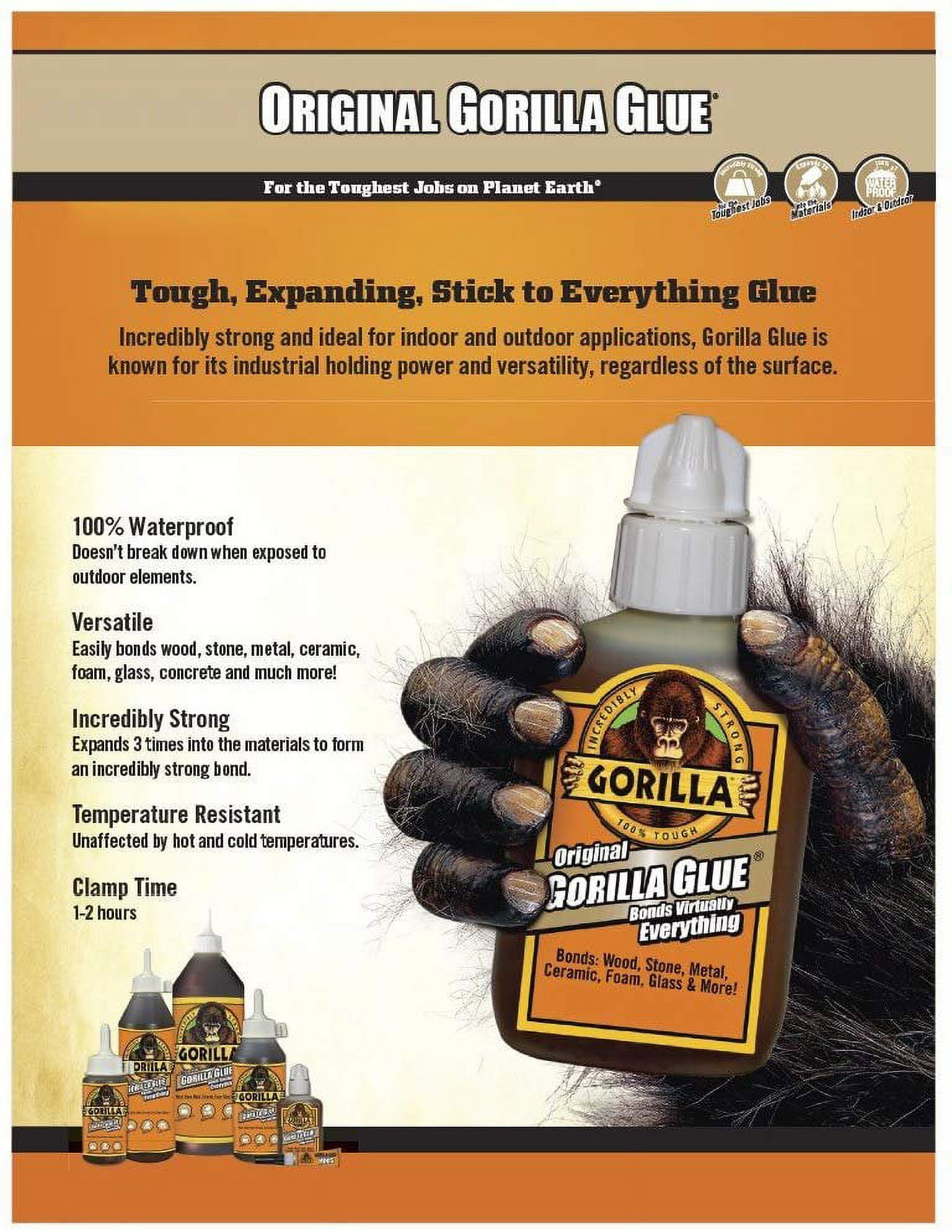 Gorilla Original Waterproof Polyurethane Glue, 8 ounce Bottle, Brown, Pack of 10