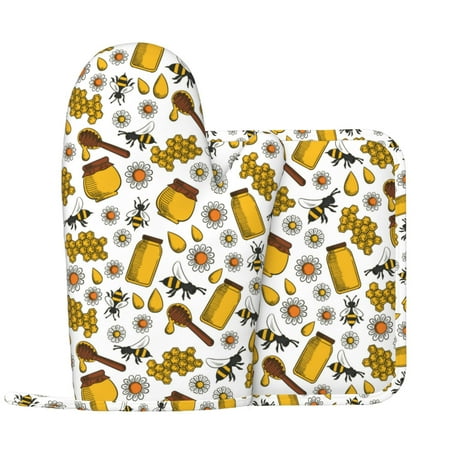 

Cute bee A Oven Mitts and Pot Holders Sets with 1 Non-Slip Left Silicone Oven Mitts and 1 Heatproof Insulated Hot Pads for Kitchen Use in Cooking Baking Grilling