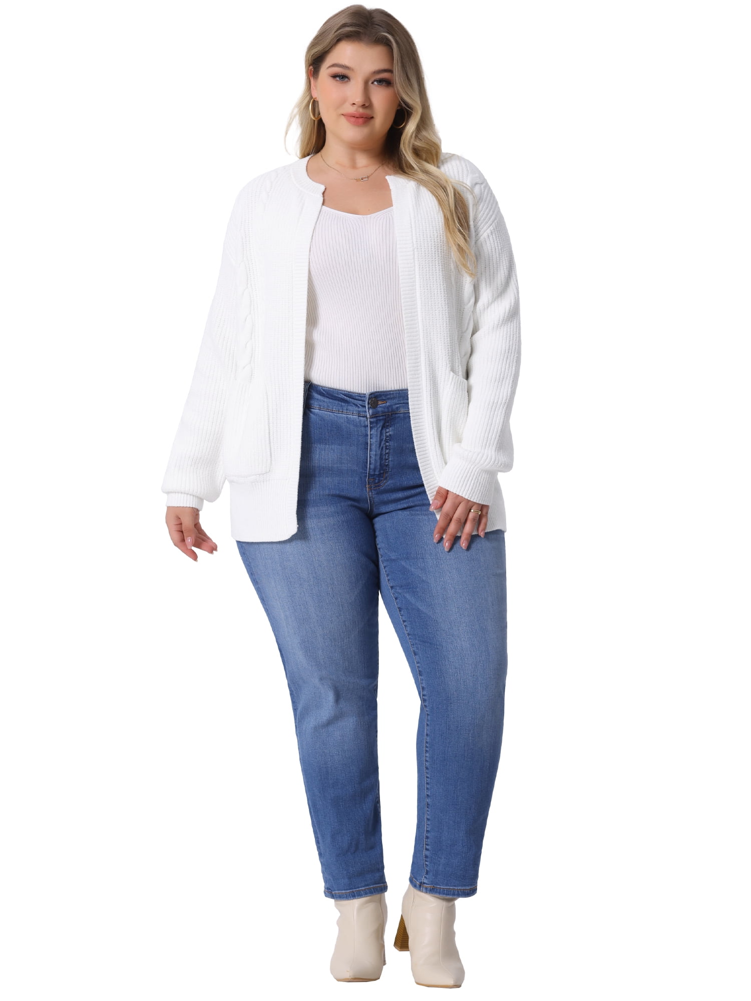 DARING DIVA Women's Plus Long Sleeve Crew Neck Knit Cardigans 1X White
