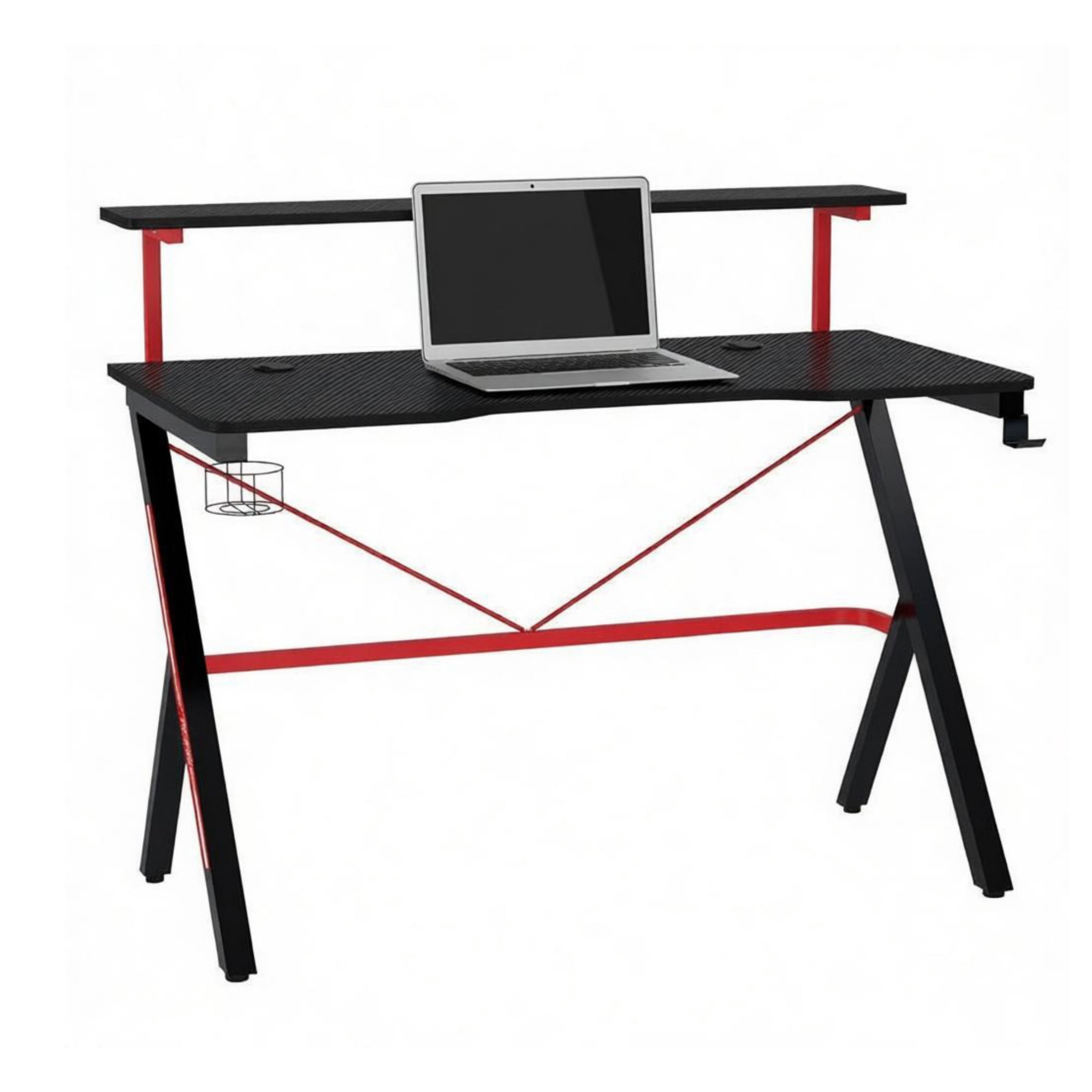 47 Inch Black Gaming Desk with Elevated Monitor Shelf Rotatable Cup Holder And Headphone Hook Racing Computer Workstation for Home Office
