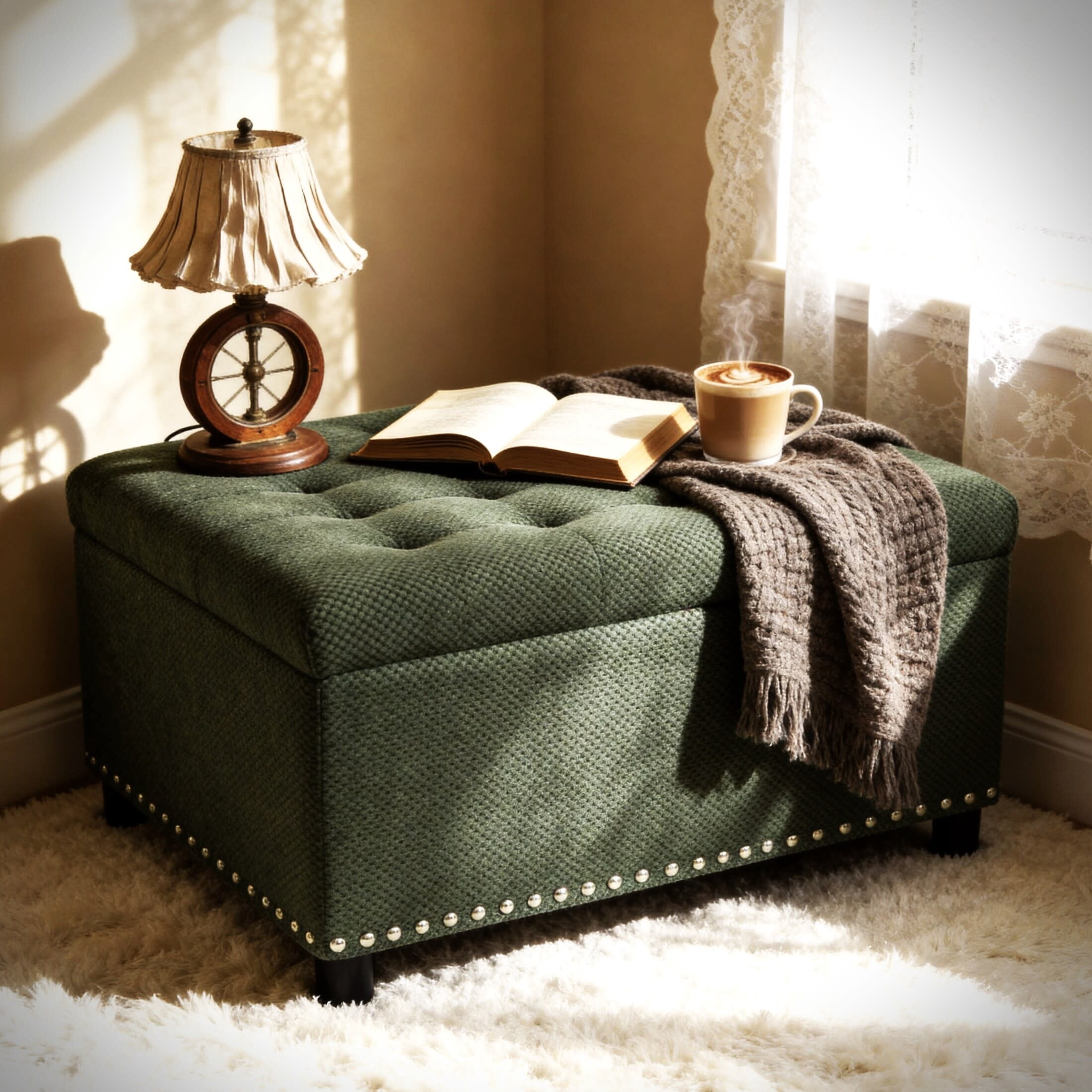 Noble House 30" Square Storage Ottoman with Tufted Top, Nailhead Trim, Green
