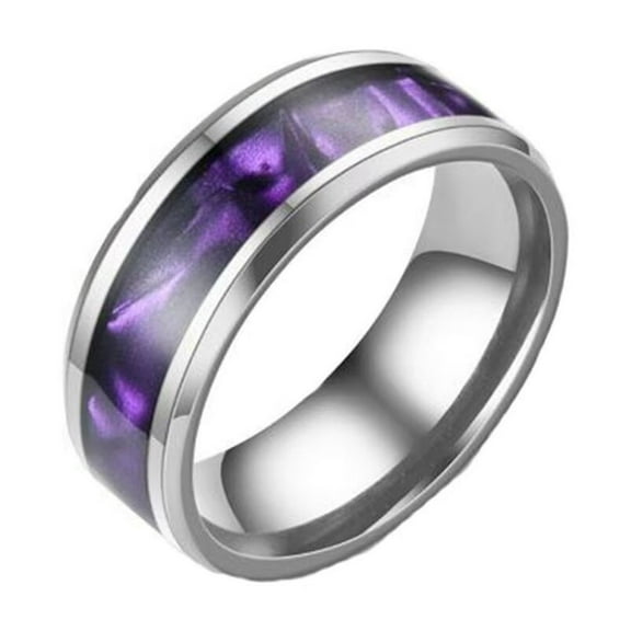 HIJONES Women Men's 8mm Colorful Shell Ring Stainless Steel Couple Engagement Promise High Polished Band Ring Jewelry Comfort Fit Silver Purple Size 7