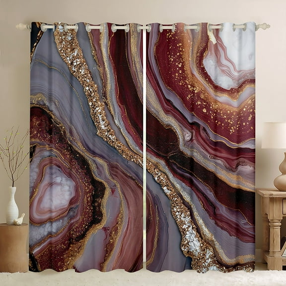 Feelyou Marble Abstract Black Out Curtains, Red Gold Stripes Ombre Curtains Pack of 2 (42x63 Each), Marbling Artwork Bedroom Curtains, Blackout Curtains Home Decor