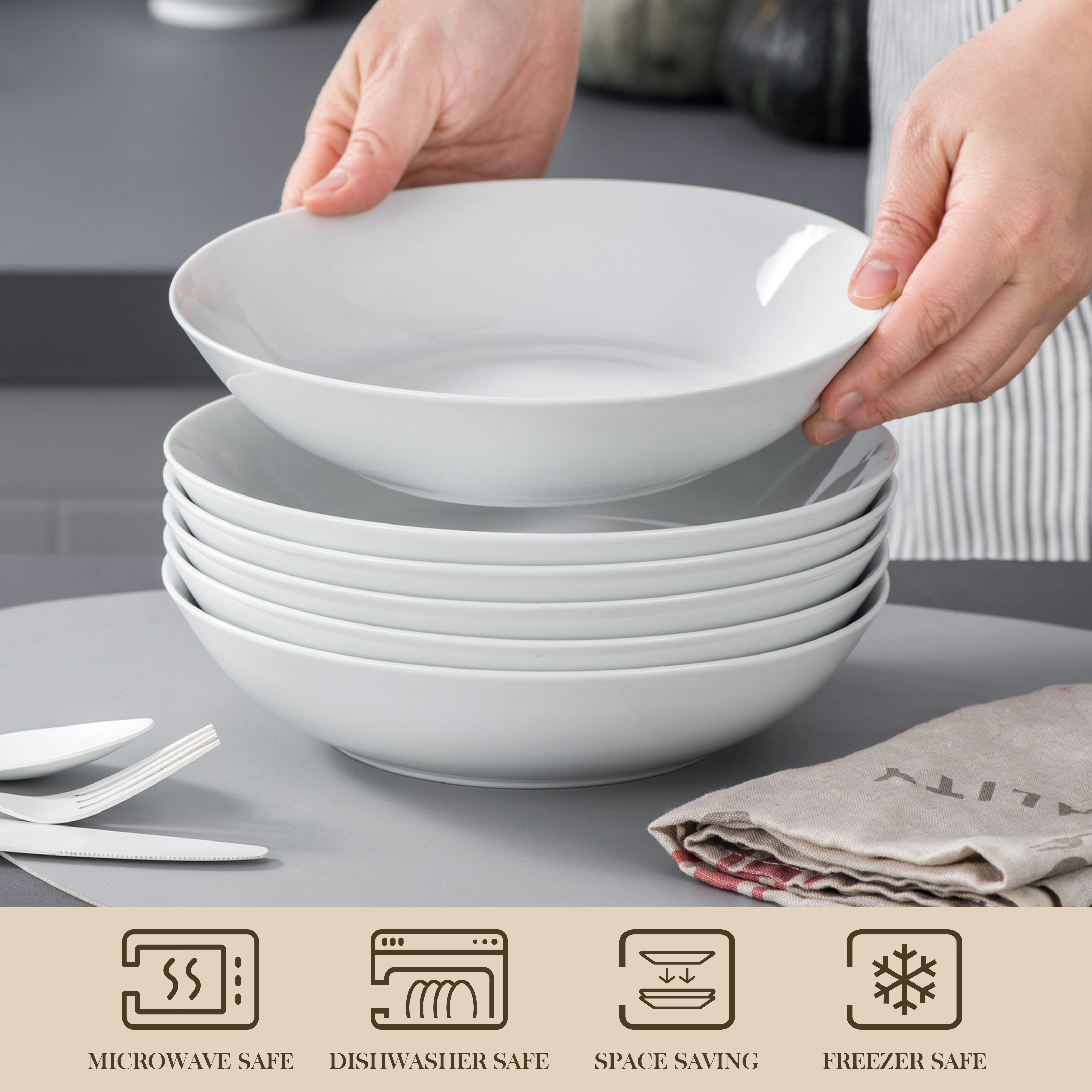 Vancasso 6-Piece White Porcelain Pasta and Salad Bowls photo 2