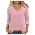 thumbnail image 5 of Plus Size 3/4 Sleeve T-shirts Soft Poly-cotton Womens V Neck Tops Scalloped Plain Tshirts Fall Spring Base Tees (3XL, Pink 03), 5 of 5