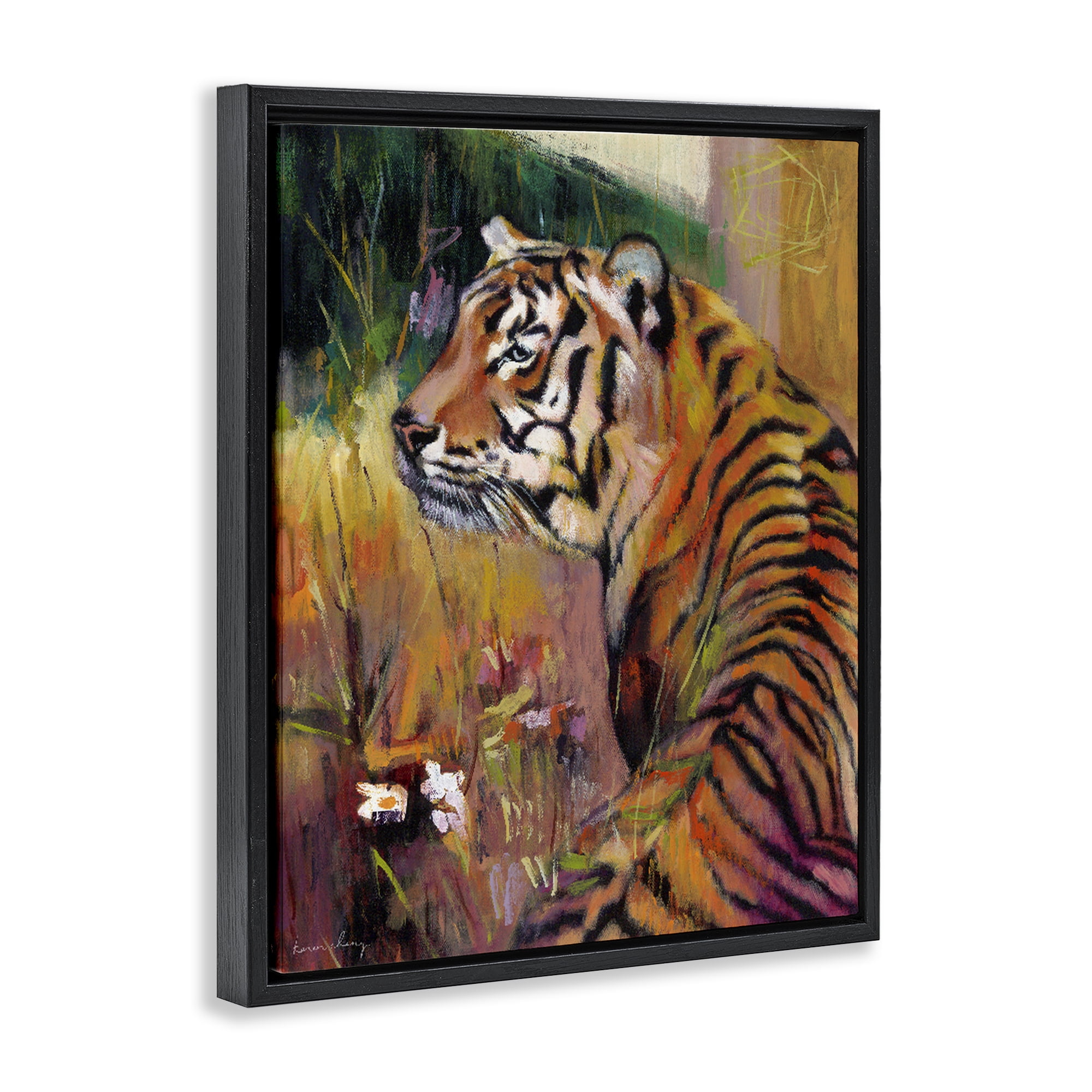 Stupell Industries Patience Tiger in Wait Black Framed Floater Canvas Wall Art, design by Karen Chang