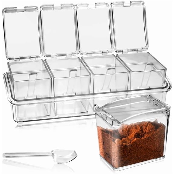 4-Cell Clear Seasoning Rack Spice Box, Storage Container Condiment Jars Acrylic Seasoning Box with Cover and Spoon (Basic Clear)