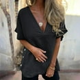 thumbnail image 4 of Women's V-Neck Tunic Top - Short Sleeve Side Button Shirt, Cotton Linen Blend Breathable Blouse, Solid Color Comfort Fit Boho Chic 2025 Summer, 4 of 9