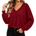 thumbnail image 3 of Cropped Sweater Zaewscy Women V Neck Waffle Knit Cropped Pullover Sweater Casual Long Sleeve Loose Fit Fall Winter Top Red M, 3 of 9