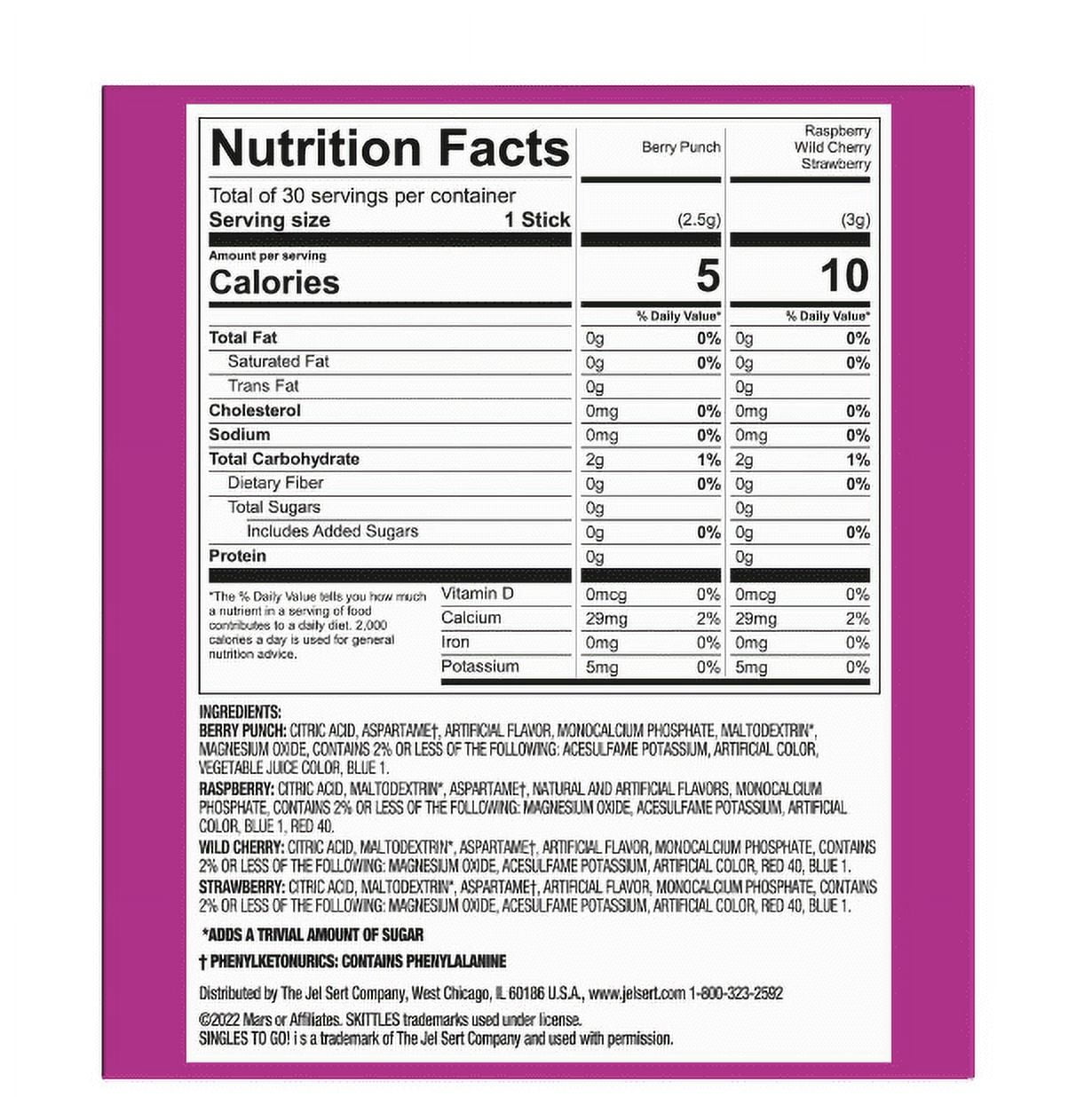 Skittles Zero Sugar Wild Berry Singles-to-Go Packs, Powdered Drink Mix, 2.88 oz, 30 Count Packets