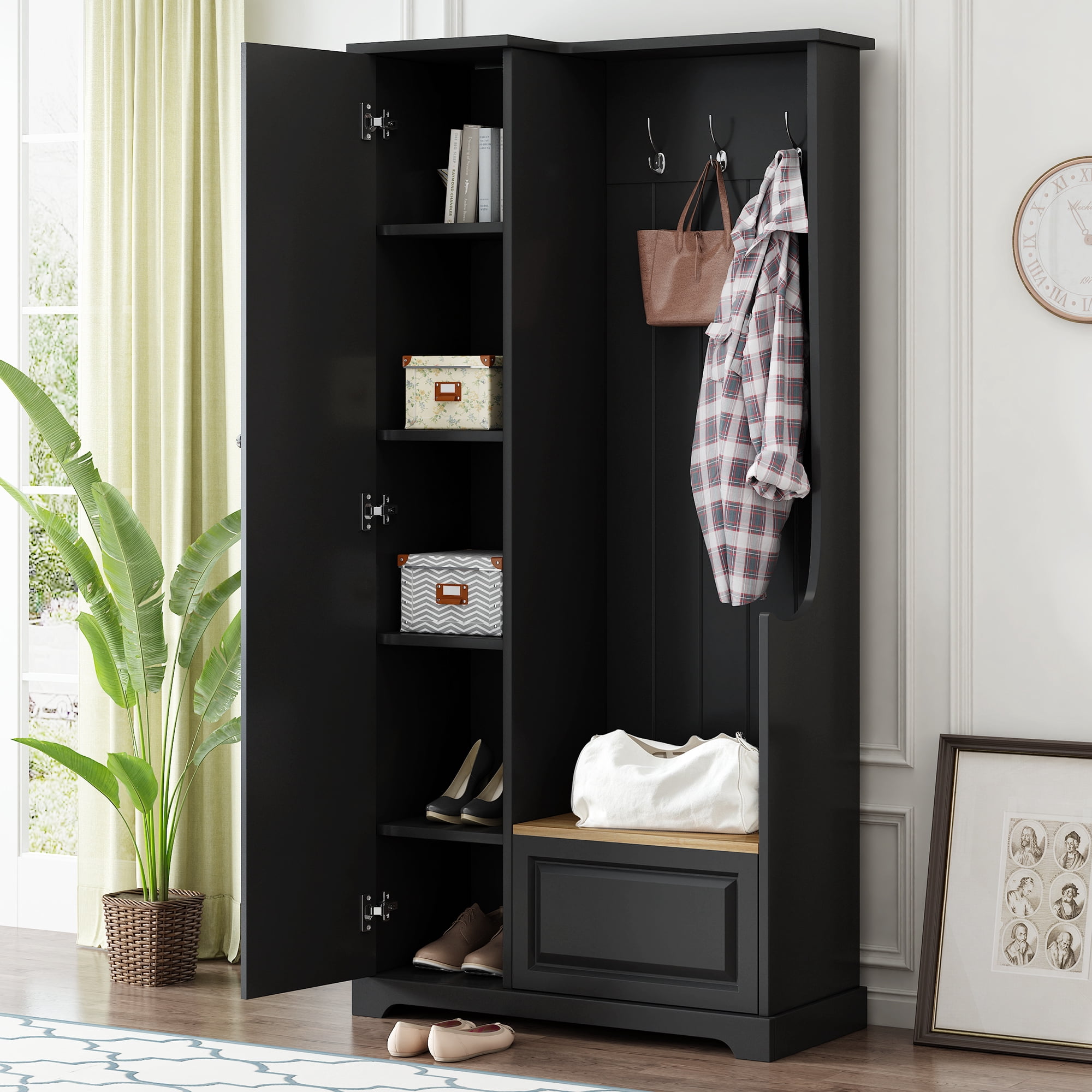 Leumius Hall Tree with Flip-Up Bench, Minimalist Hallway Shoe Cabinet with Adjustable Shelves, Multifunctional Furniture with Hanging Hooks for Entryways, Mudroom, Black