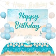 Beach SeaShell Birthday Party Decorations Beach Shell Birthday Backdrop Banner Seashell Cake Topper Nautical Coastal Party Decor Under The Sea Mermaid Bday Ocean Wave Tablecloth Balloon Decor