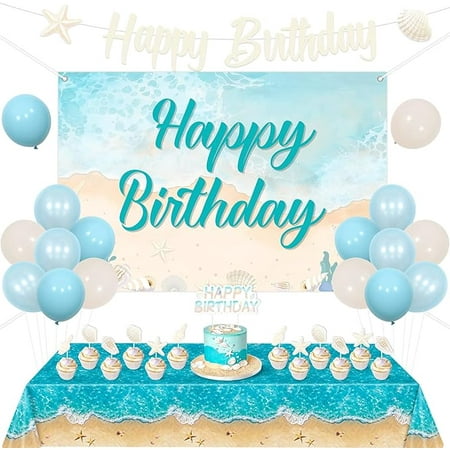 Beach SeaShell Birthday Party Decorations Beach Shell Birthday Backdrop Banner Seashell Cake Topper Nautical Coastal Party Decor Under The Sea Mermaid Bday Ocean Wave Tablecloth Balloon Decor