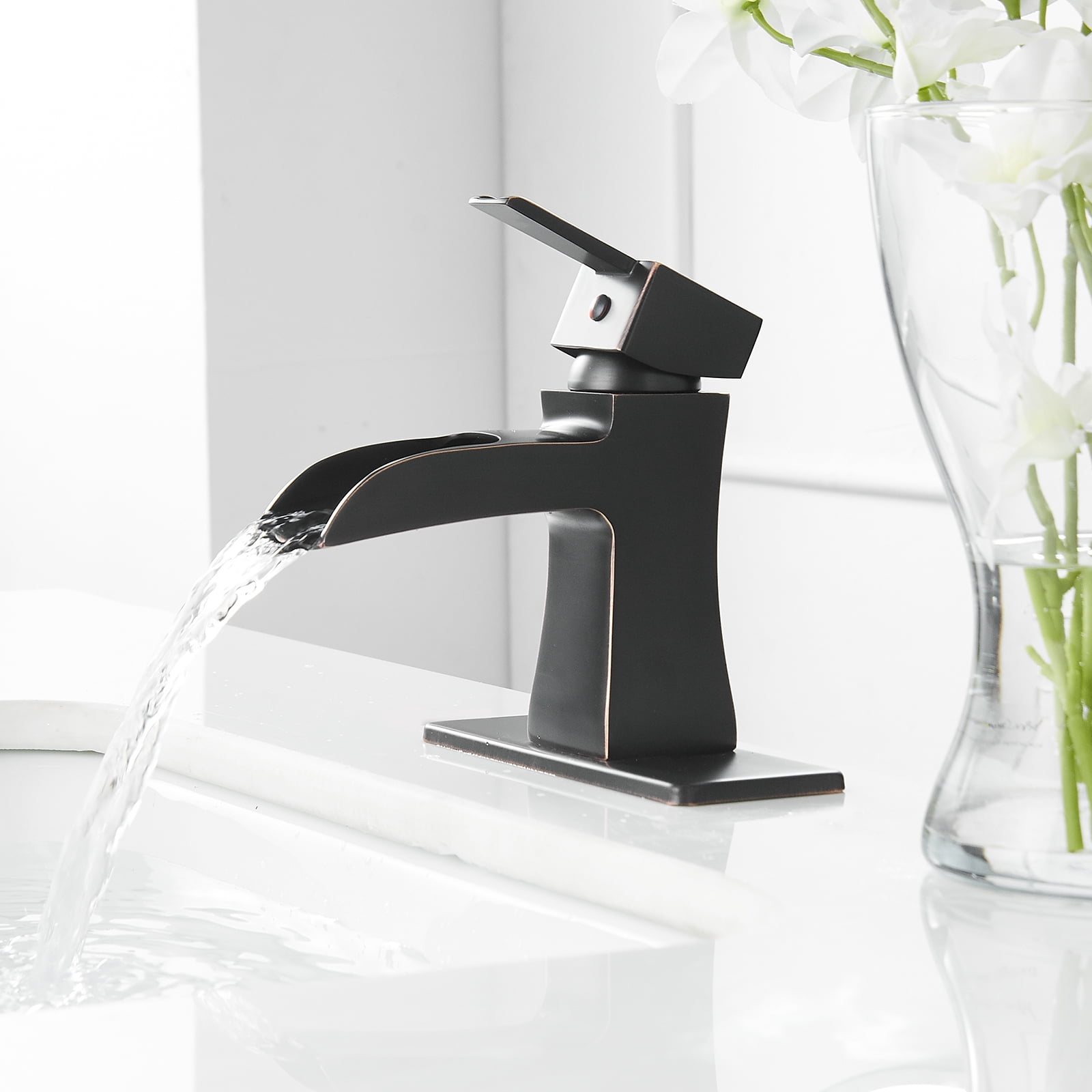 BWE Oil Rubbed Bronze Bathroom Faucet with Pop Up Drain Stopper Overflow Assembly and Supply Hose Bath Waterfall Single Hole Handle Farmhouse Bathroom Sink Faucet Lavatory Mixer Tap