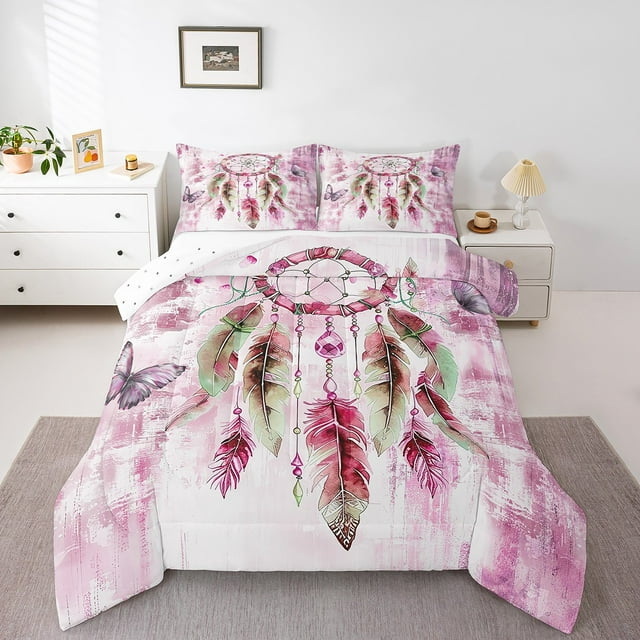 Parure de Lit Attrape-Rêves Bohème Format Simple pour Filles Femmes, Ensemble de Couette Ombré Rose Simple, Insert de Couette Boho à Plumes Dégradées Chic, Courtepointe/édredon Papillon, Literie Esthétique Abstraite Couettes et Ensembles