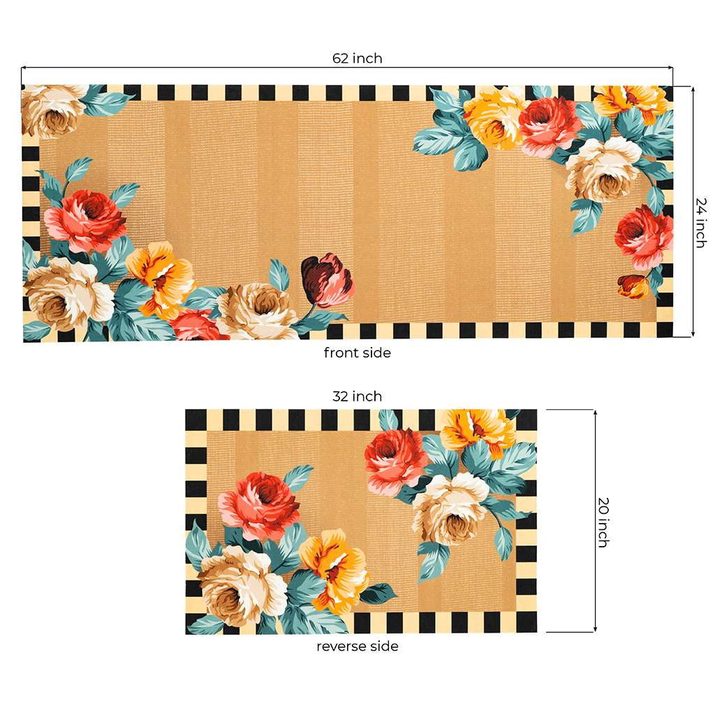 Benissimo-Modern Mats, 24”x62” + 20”x32” Set of 2 Ultra-Thin (1/10 Inch) Kitchen Mat Rubber Backing, Waterproof, Low Profile, Durable&Non Slip, Indoor Floor Mat for Entry, Patio, Border Big Flowers