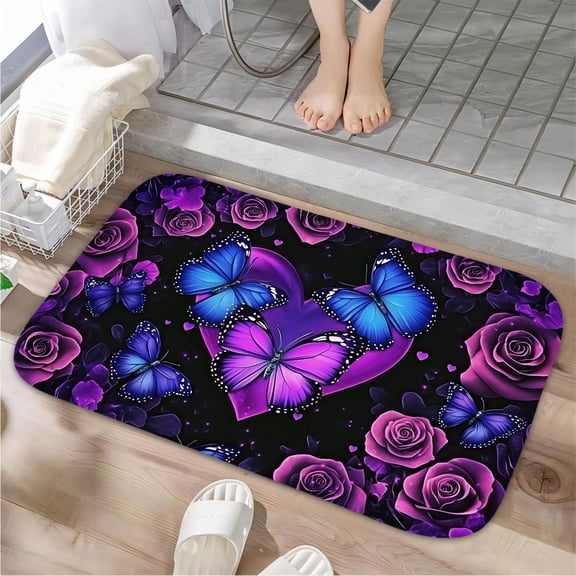 1pc Butterflies and Roses Absorbent Non-Slip Bathroom Thickened Flannel Rug Decor,Soft,Quick Drying,Suitable For Indoor/outdoor Use,Bathrooms,Bedrooms,Kitchens,Terrace,Laundry Rooms,16"x24"