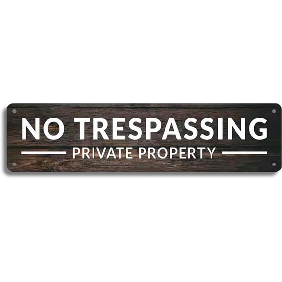 Retro Wood Grain No Trespassing Private Property Metal Tin Sign, Warning Wall Plaque, Security Accent for Outdoor Fences Farms Home Business Exterior Areas 4x16 Inch