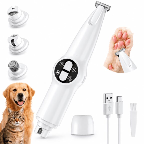 Dog Grooming Kit, 2-in-1 Paw Hair Trimmer & Nail Grinder, Rechargeable Pet Grooming Clippers with LED Light for Dogs & Cats