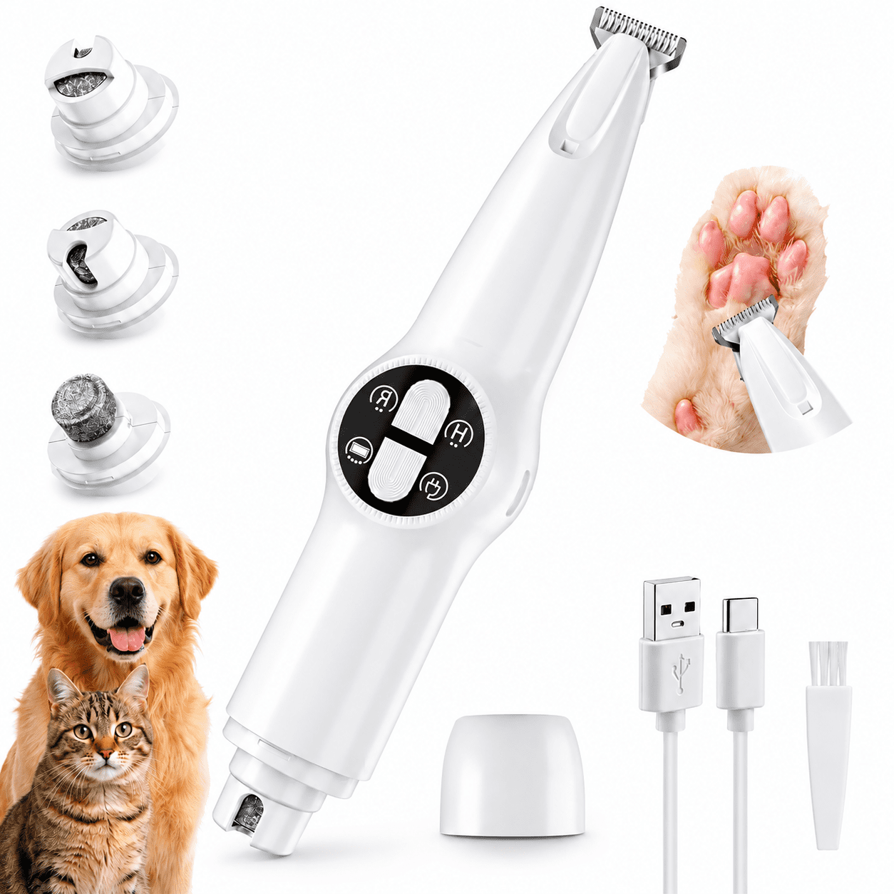 Dog Grooming Kit, 2-in-1 Paw Hair Trimmer & Nail Grinder, Rechargeable Pet Grooming Clippers with LED Light for Dogs & Cats