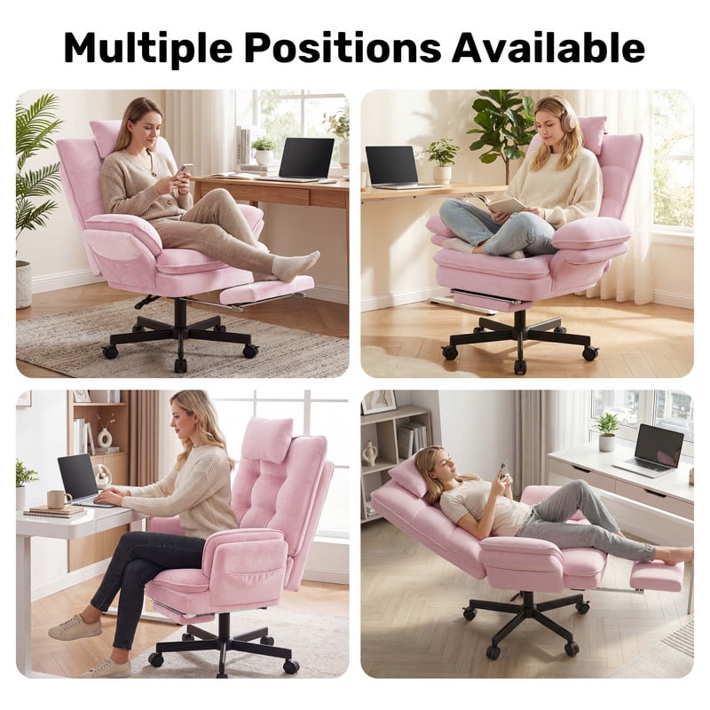 Hawsaiy Big and Tall Office Chair with Footrest, Ergonomic Executive Desk Chair with Flip-Up Arms, Reclining High Back Computer Chair with Headrest & Side Pockets, Pink