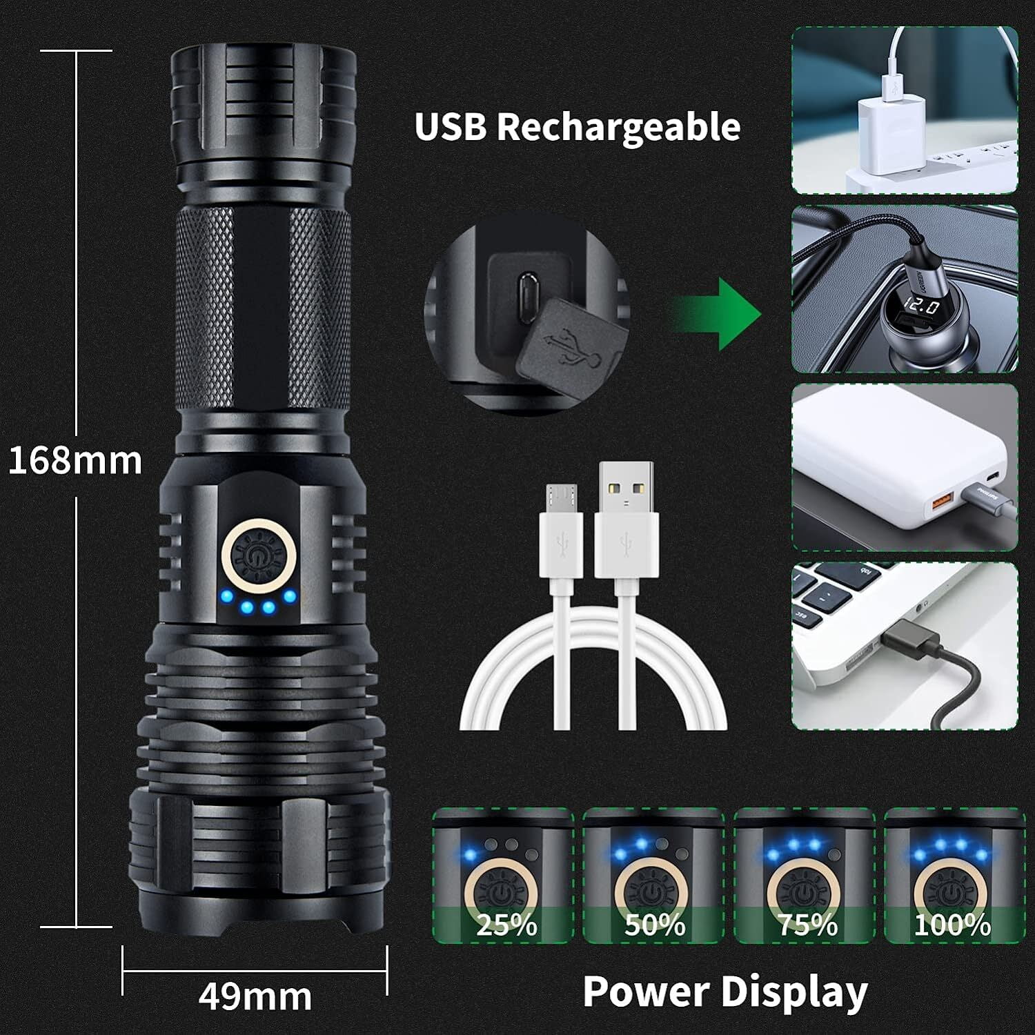 Zacro Rechargeable Flashlight, Super Bright Powerful High Lumens Flashlight with 5 Modes, Zoomable Waterproof LED Handheld Flashlight for Emergencies, Hiking, Camping, Home