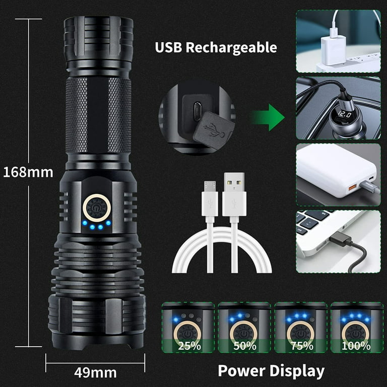 Rechargeable LED Flashlights High Lumens: 120000 Lumen Super Bright  Flashlight, 7 Modes with COB Work Light, IPX6 Waterproof, Powerful Handheld  Flash Light for Emergencies, Camping, Hiking